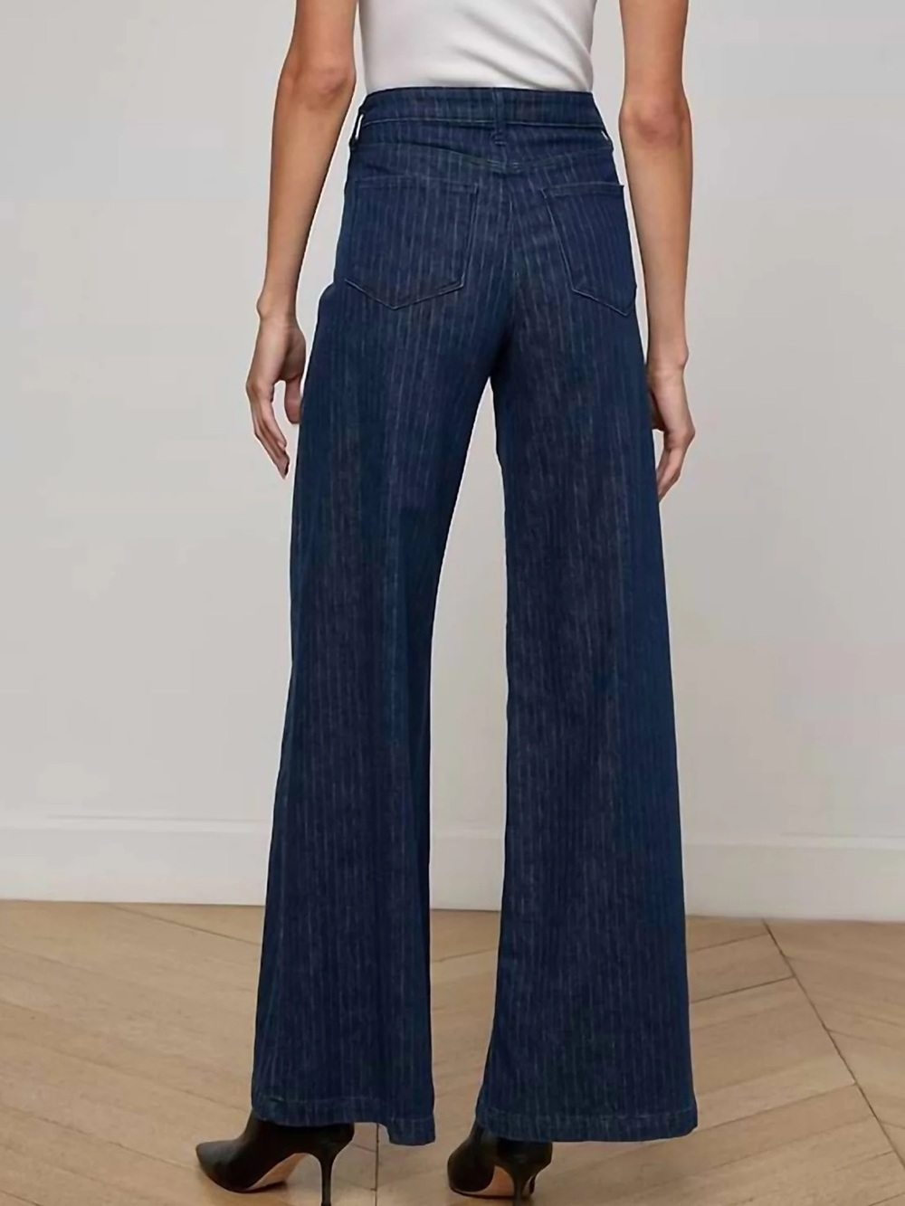 L'AGENCE Quincy Pinstriped Navy Wide-Leg Trouser Jean Denim Dark Wash Pants 23 - Picture 2 of 8